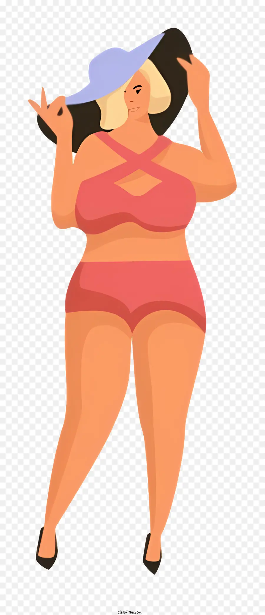 Cartoon del corpo grasso Donna rosa Bikini Pink Hat braccia sollevate - Donna cartone animato in bikini rosa che agita con gioia