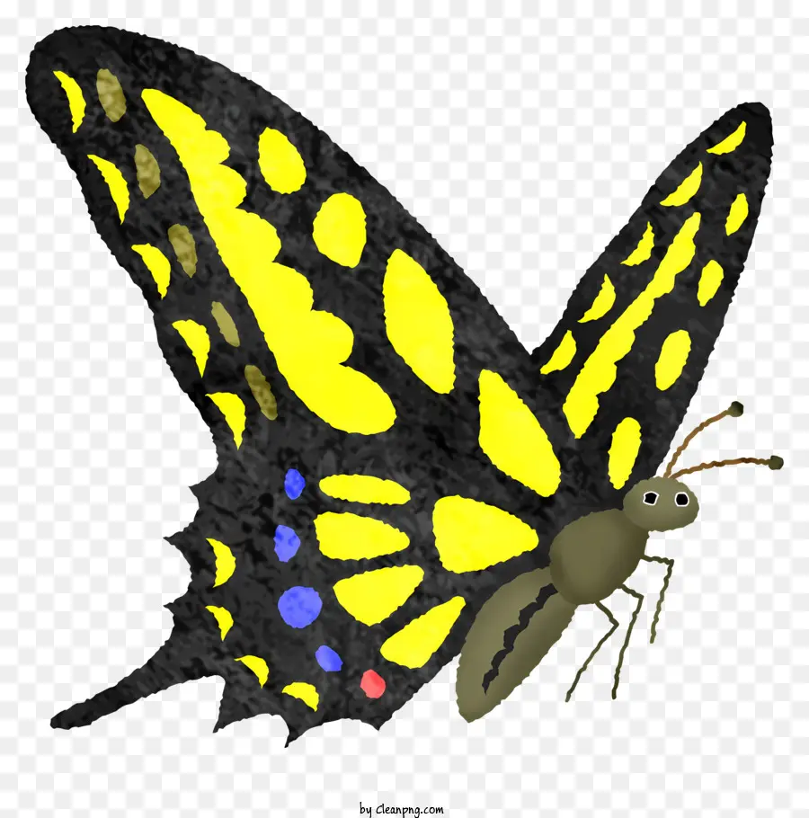 Icon Butterfly Gelb Schmetterling mehrfarbige Stellen schwarze und gelbe Flügel - Gelb und schwarzer Schmetterling mit farbenfrohen Flecken