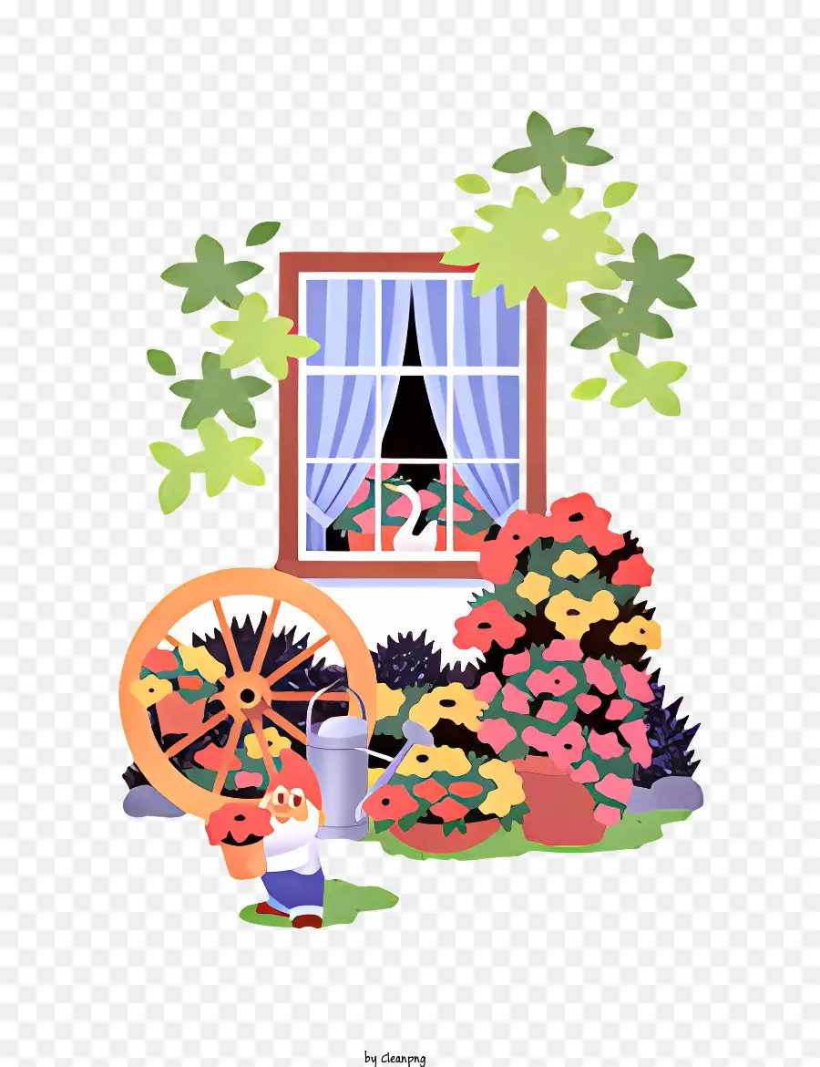 Biểu tượng vườn hoa trong chậu cây chậu xe cút kít - Khung cảnh vườn với giường hoa, thực vật và người
