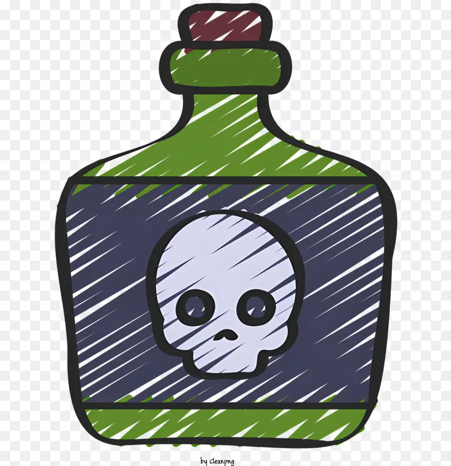teschio e ossa incrociate - Bottiglia di liquore in plastica verde con etichetta del cranio