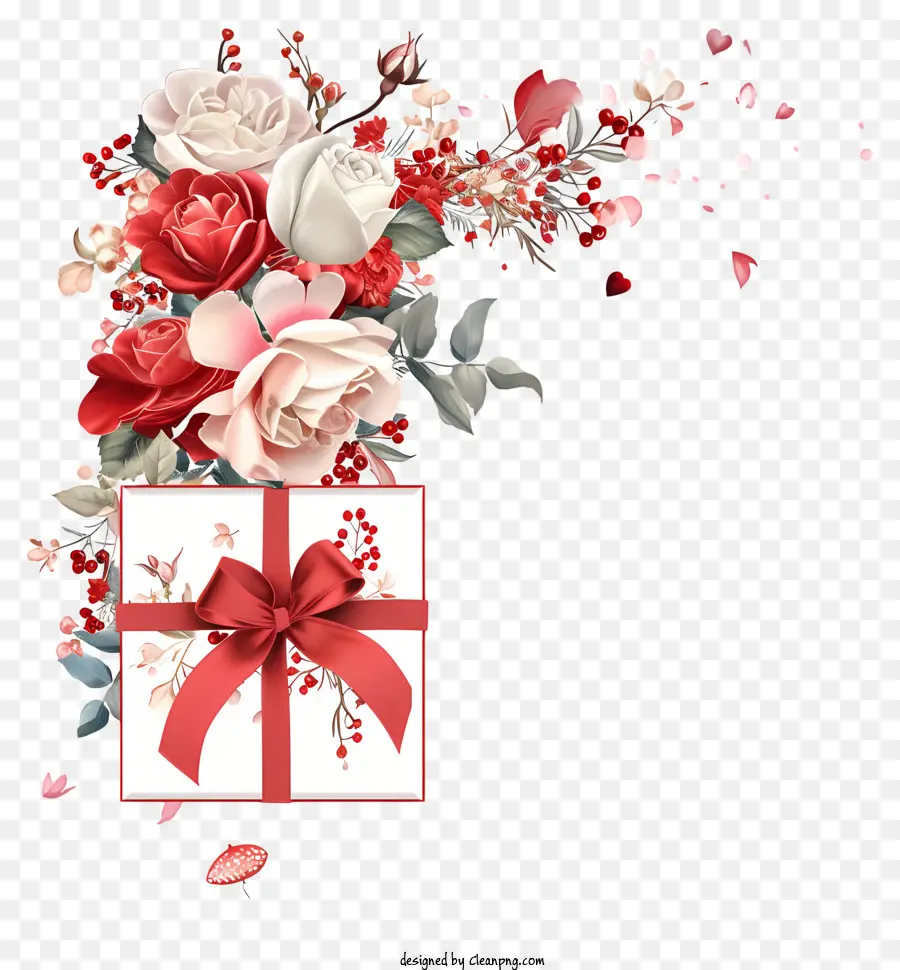 disegno floreale - Scatola di carte aperta con fiocchi e fiori rossi