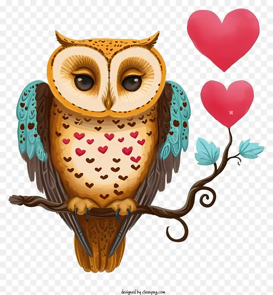 Valentine Owl Icon Owl Branch Red Hearts Brown and White - Gufo marrone e bianco con cuori rossi