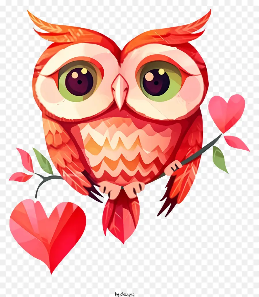 Flat Valentine Owl Owl Big Eyes Creen Cây - Hình ảnh màu đỏ của con cú trên cành với những chiếc lá hình trái tim