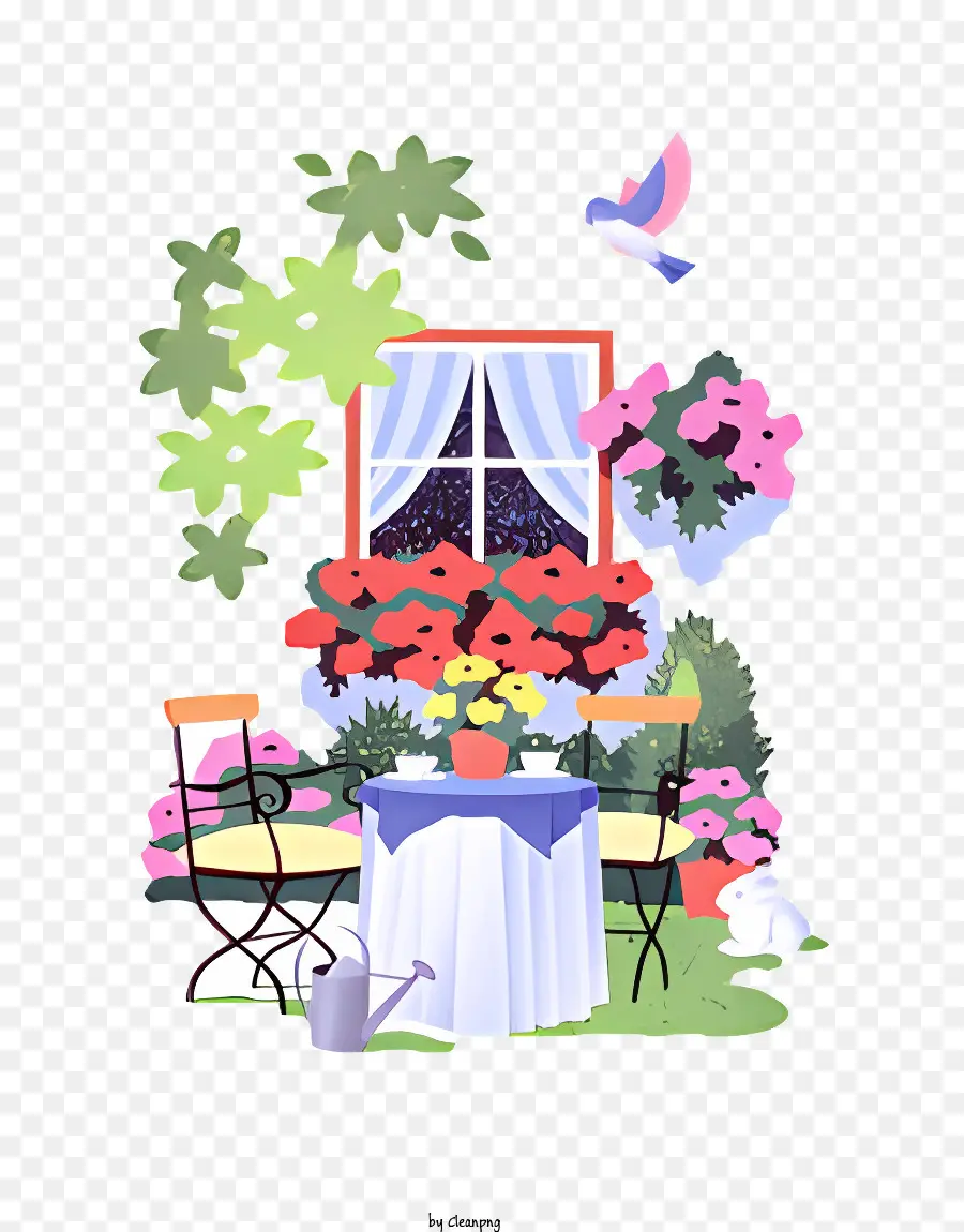 Biểu tượng Bàn làm vườn nhỏ và ghế cửa sổ chim bay - Tóm tắt: Khu vườn nhỏ với bàn, ghế và chim