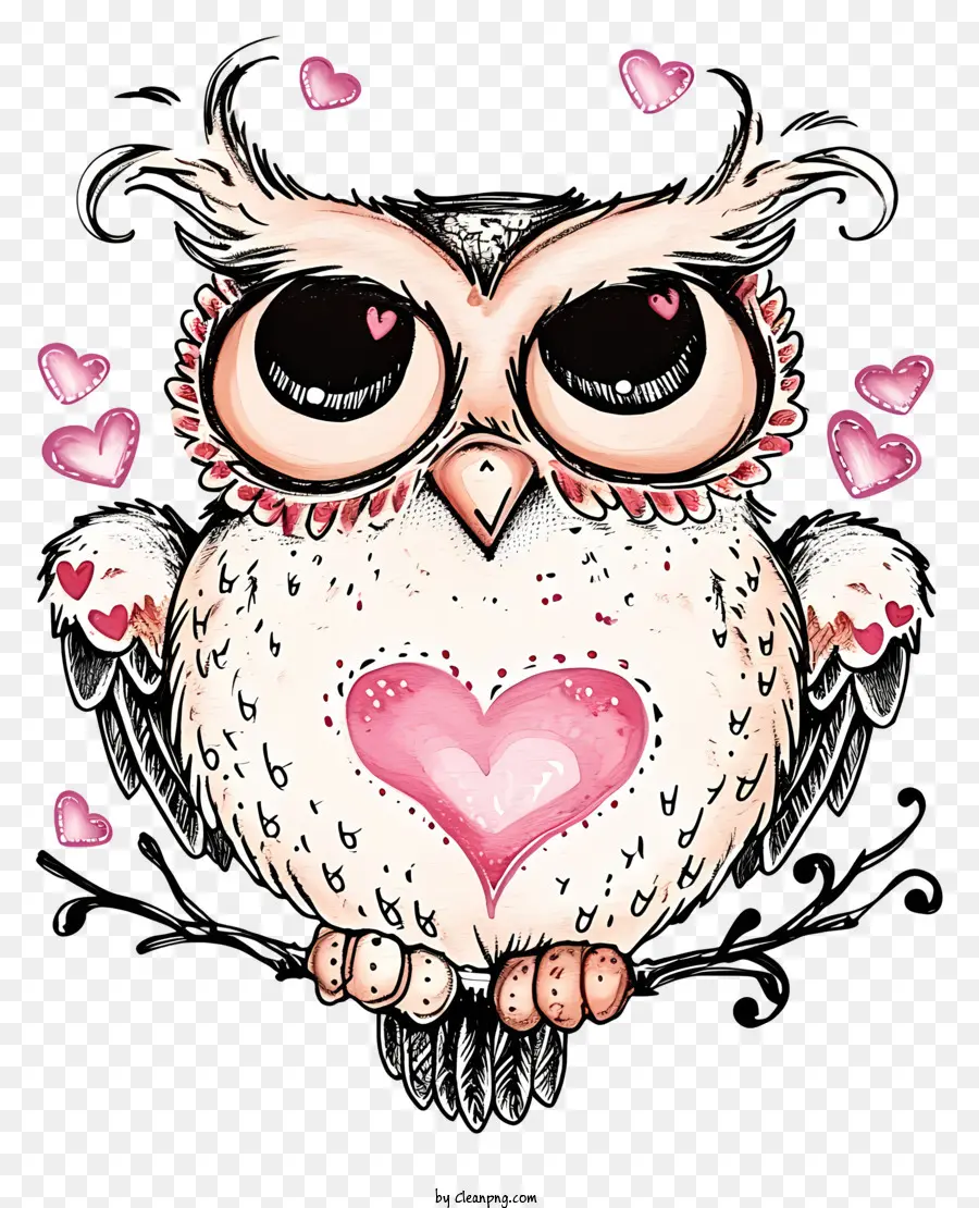 Doodle Valentine Owl Owl Branch Heart Pink Eyes - Phim hoạt hình cú với trái tim trên mặt, đôi mắt hồng