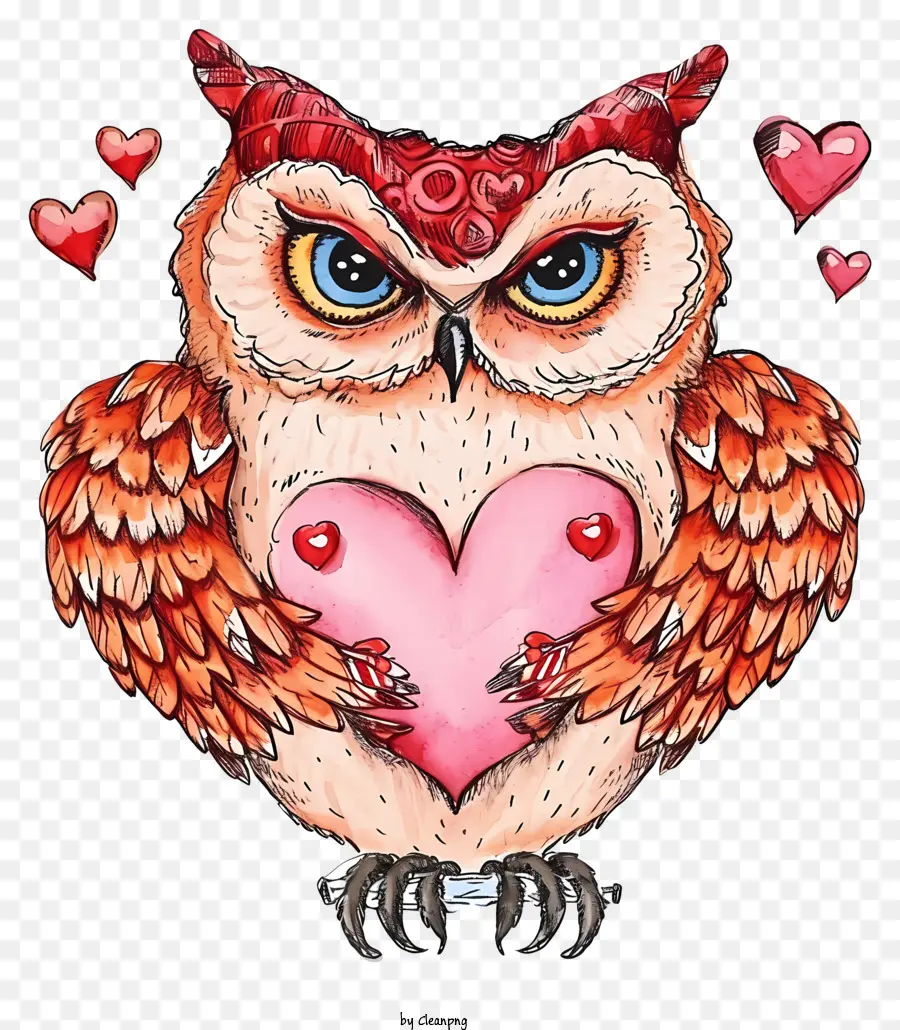 Bàn tay Valentine Owl đầy màu sắc Owl Owl Minh họa trái tim hồng tròn mắt - Cú đầy màu sắc giữ trái tim màu hồng trên cành