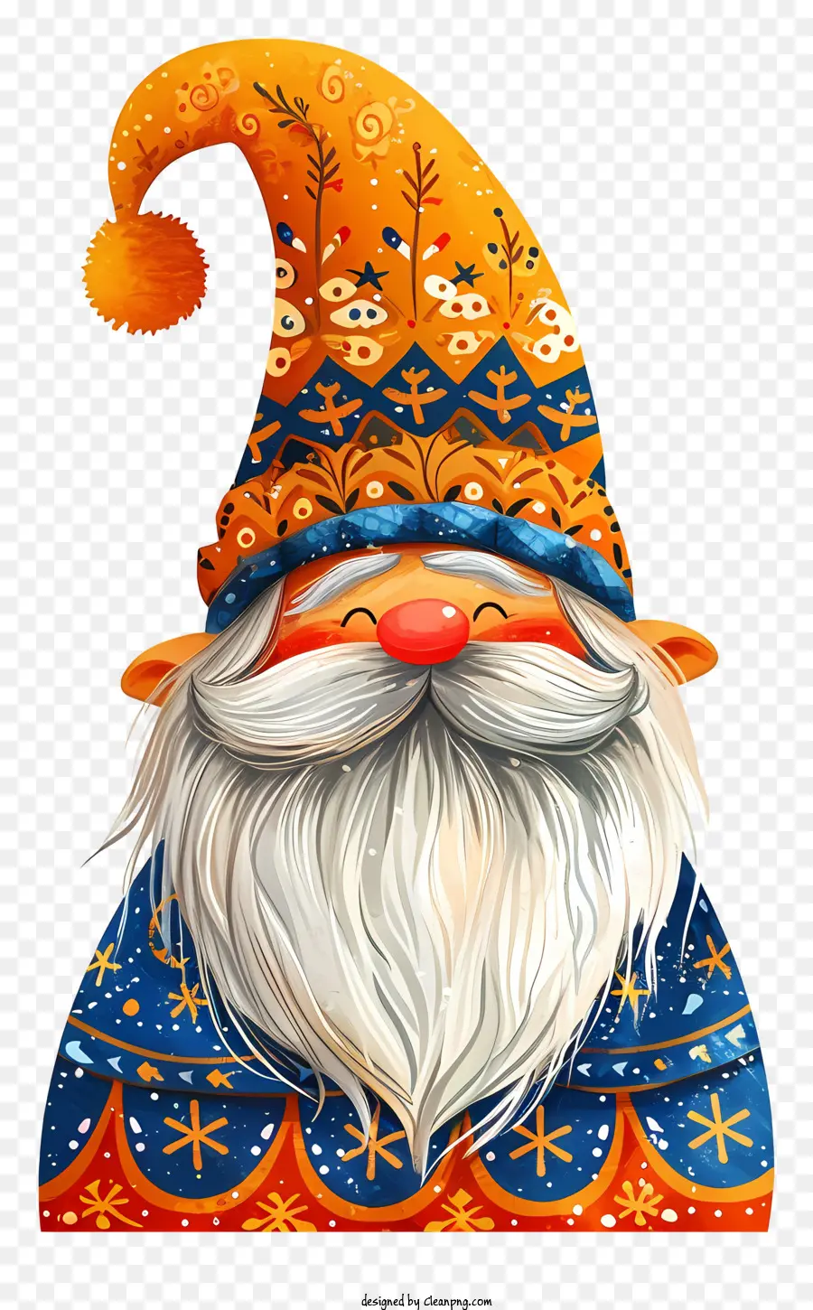 orthodoxes neues Jahr lächelnder Gnom blau und weiß gestreifte Hut roter Bartschal um Hals - Lächelnder Gnom in farbenfroher Kleidung auf Schneeflockenhintergrund