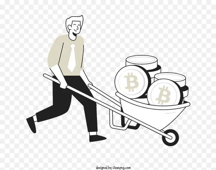 Bitcoin - Mann schiebt eine Schubkarre voller Bitcoins