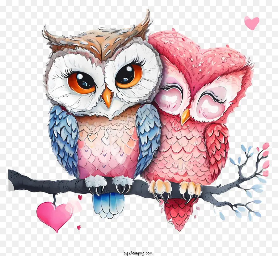 Màu nước Valentine Owls Owls tình yêu Chi nhánh - Hai con cú nhiều màu sắc trên một nhánh có trái tim