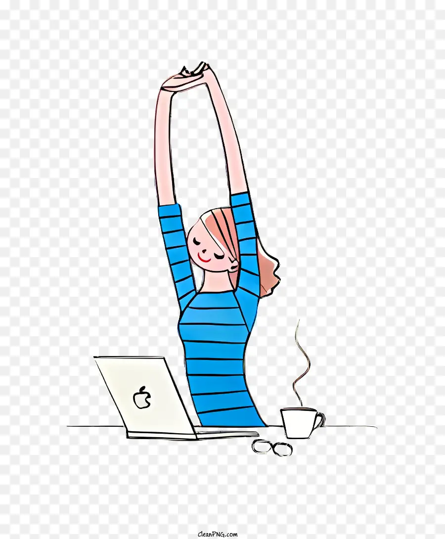 Kaffeetasse - Frau, die am Laptop arbeitet, Arme streckt, Multitasking
