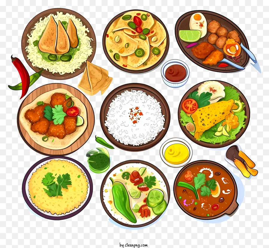 Indisches Essen - Indische Lebensmittel, die kreisförmig auf einem Teller angeordnet sind