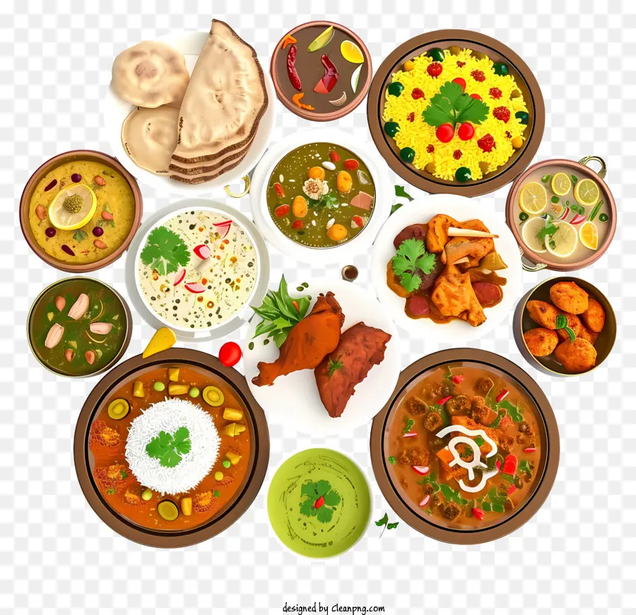 Realistische 3D Indien Küche Indische Küche Hühnchen Curry Linsensuppe Dal - Eine Collage indischer Lebensmittel in kreisförmiger Anordnung