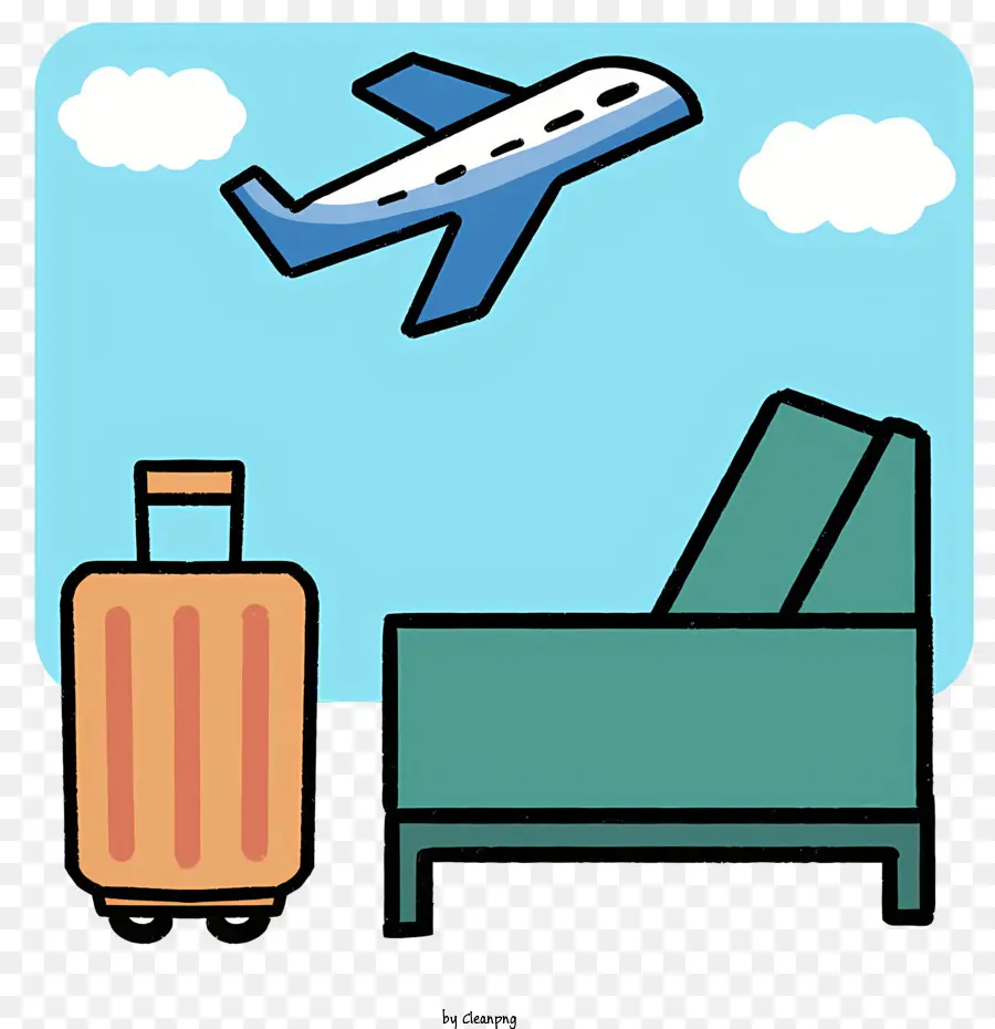 Transportstuhl Koffer Flugzeug Wohnzimmer - Blauer Koffer auf Stuhl mit fliegendem Flugzeug
