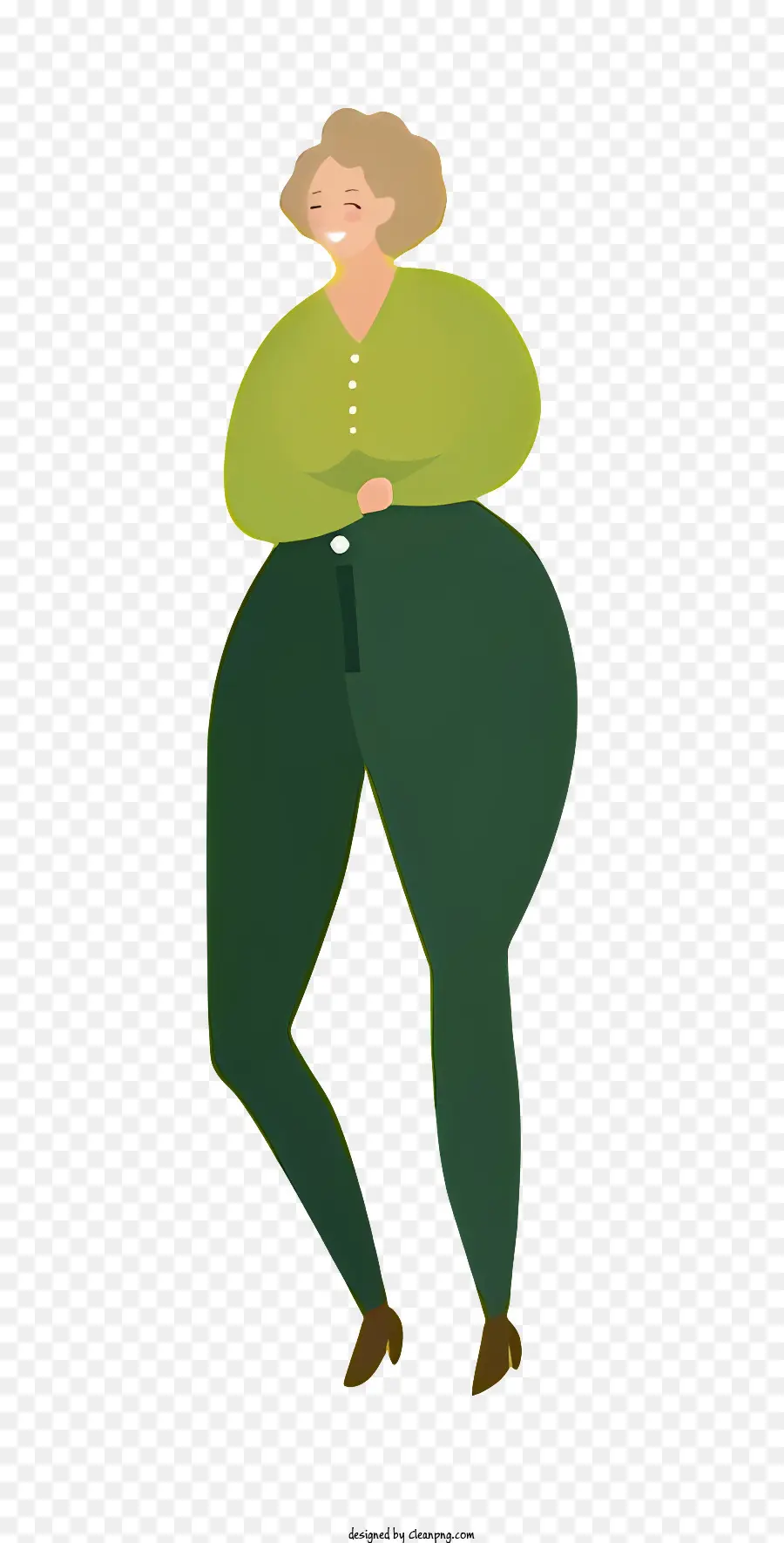 Donna del corpo grasso camicia verde pantaloni verdi braccia incrociate - Donna con camicia verde in piedi con le braccia incrociate