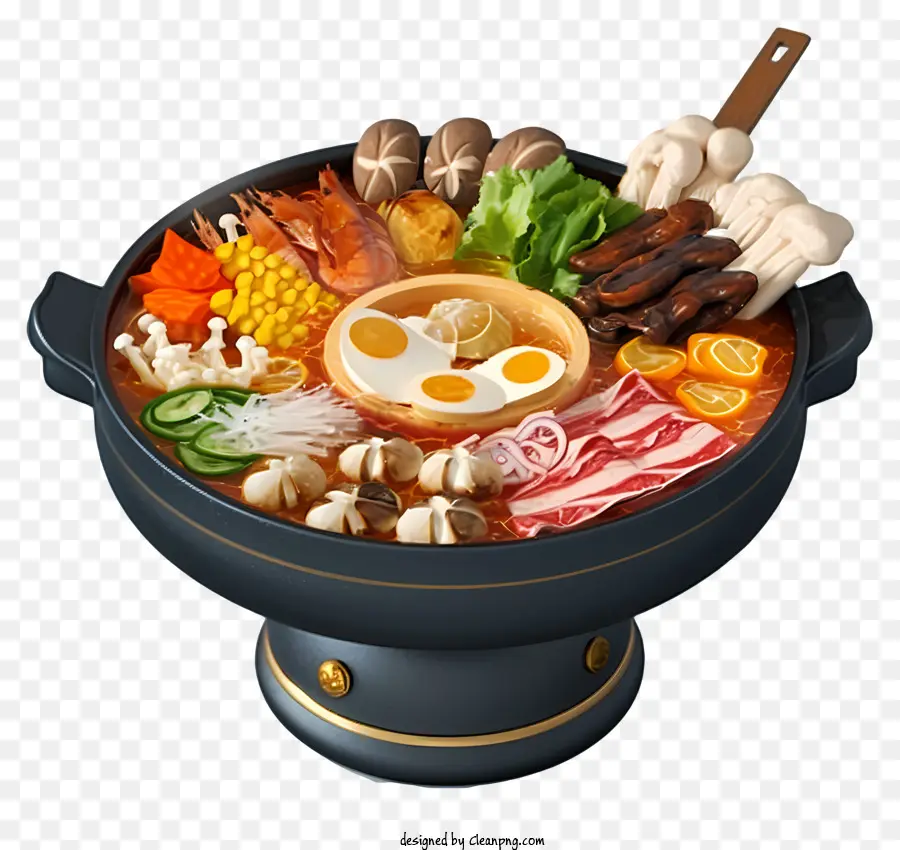 Realistischer chinesischer heißer Topf heißer Topfküchenschale aus heißem Topf Tofu und Pilzen in heißen Topf Meeresfrüchten im heißen Topf - Heißer Topf mit verschiedenen Zutaten, die gekocht werden