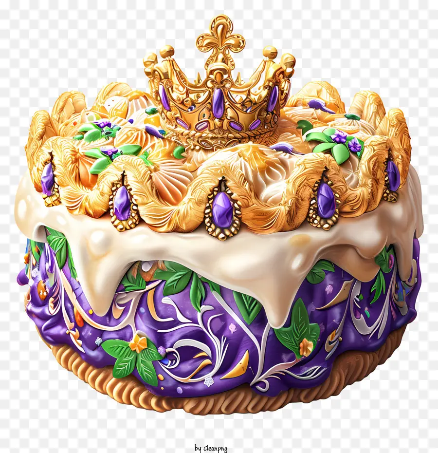 Mordi Gras King Cake Cake Cake Crown decorato elaborato - Torta elaboratamente decorata con topper a corona dorata