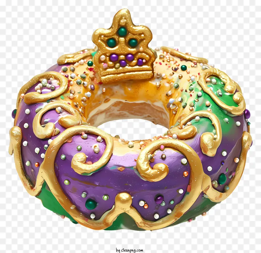Mardi Gras King Cake Mardi Gras Donut Gold Crown Trang trí tinh thể đường đầy màu sắc - Mardi Gras Donut với trang trí vương miện vàng