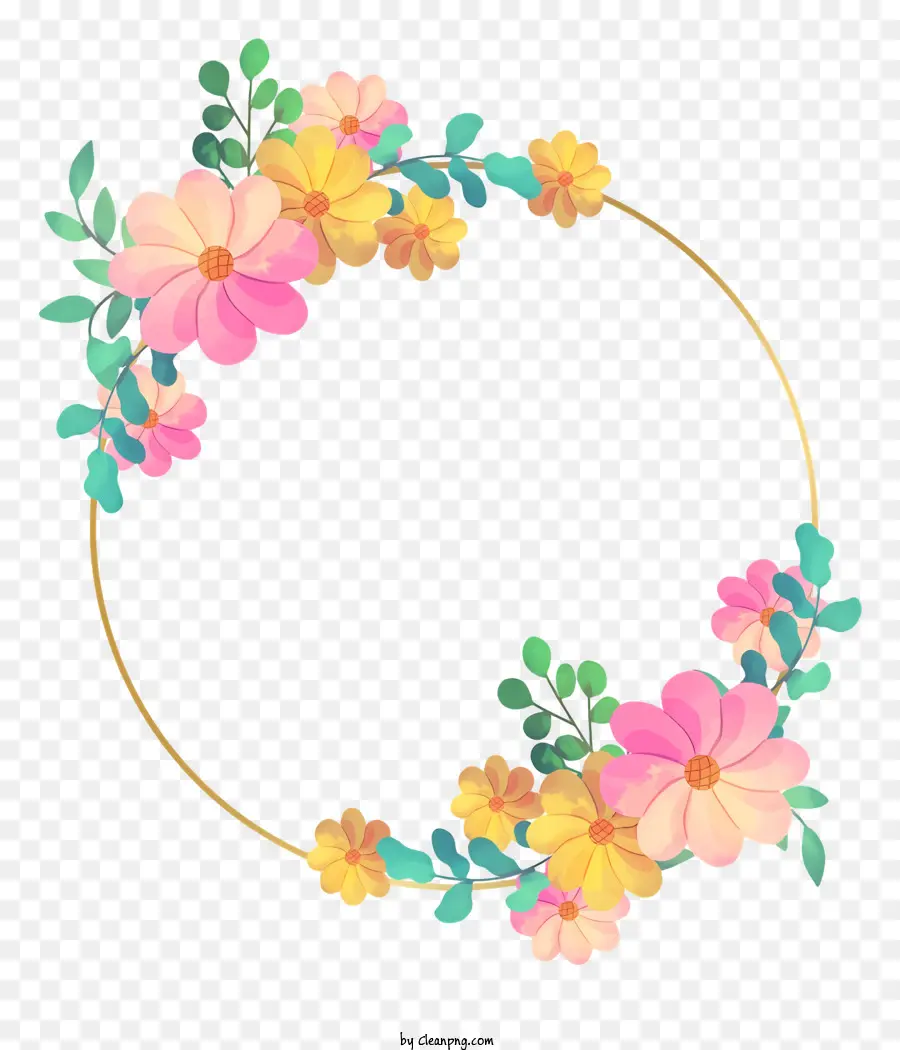 Hochzeitseinladung - Kreisförmiger Blumenkranz mit rosa, gelben und grünen Blüten