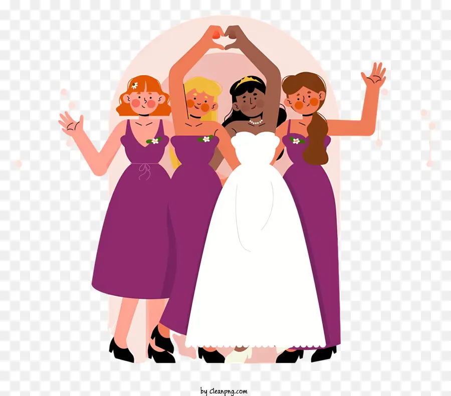 Cartoon Braut und Brautjungferngruppe Foto Braut lila Kleider heben Hände - Gruppe von Menschen, darunter Braut, glücklich und feiern