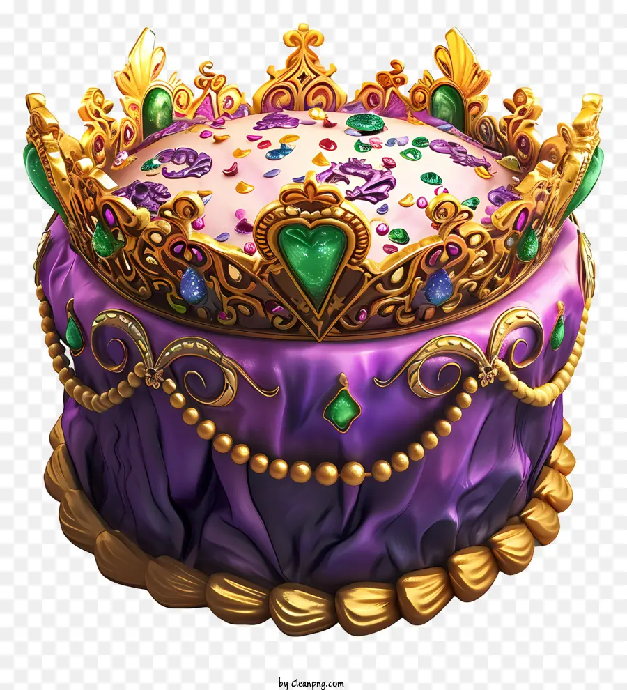 Mardi Gras King Kuchen Purpur und goldener Kuchenkronkuchen -Dekoration Edelsteinkronkuchen - Abgenutztes Bild eines kuscheligen Edelsteinkuchens