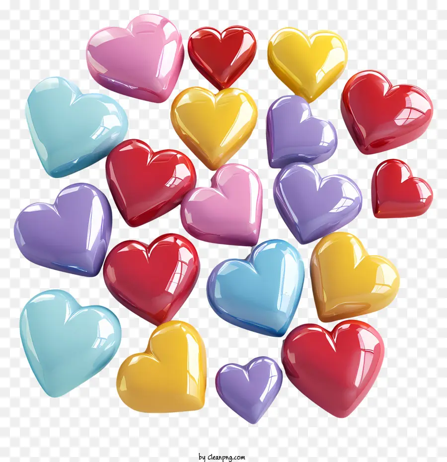 Candy Hearts herzförmige Objekte Buntes Stapel oder Stapel schwarzer Hintergrund - Farbenfrohe herzförmige Objekte, die auf zufällige Weise angeordnet sind