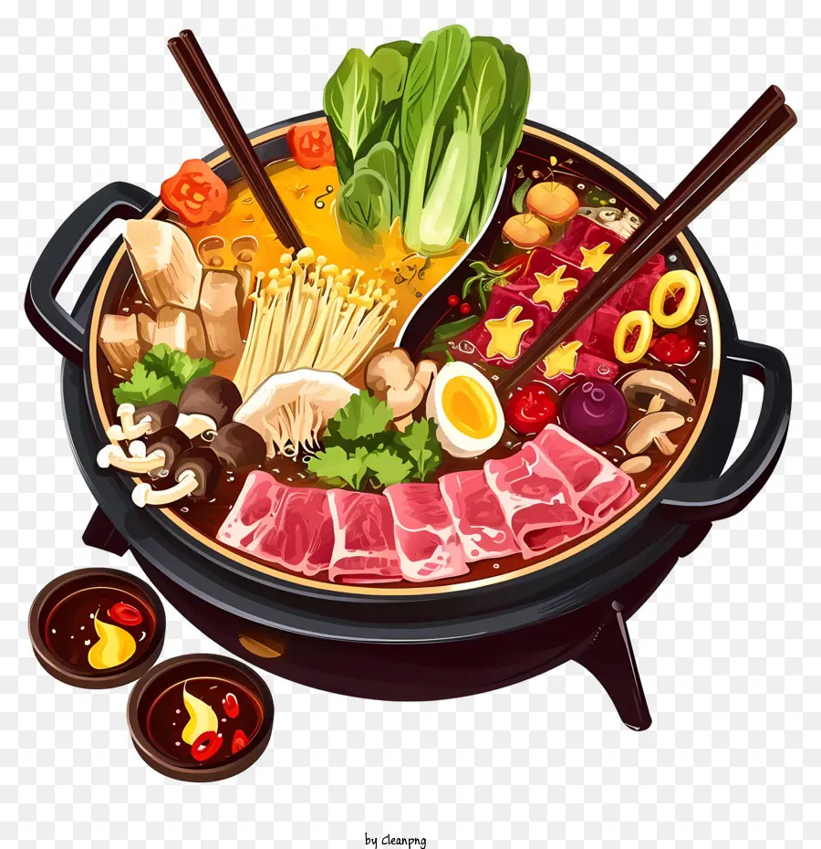 Chinesisch heißer Topf heißes Topf Futter Gemüse Huhn Huhn - Bild zeigt einen heißen Topf mit Gemüse, Hühnchen, Garnelen und Rindfleisch in dunkler Brühe