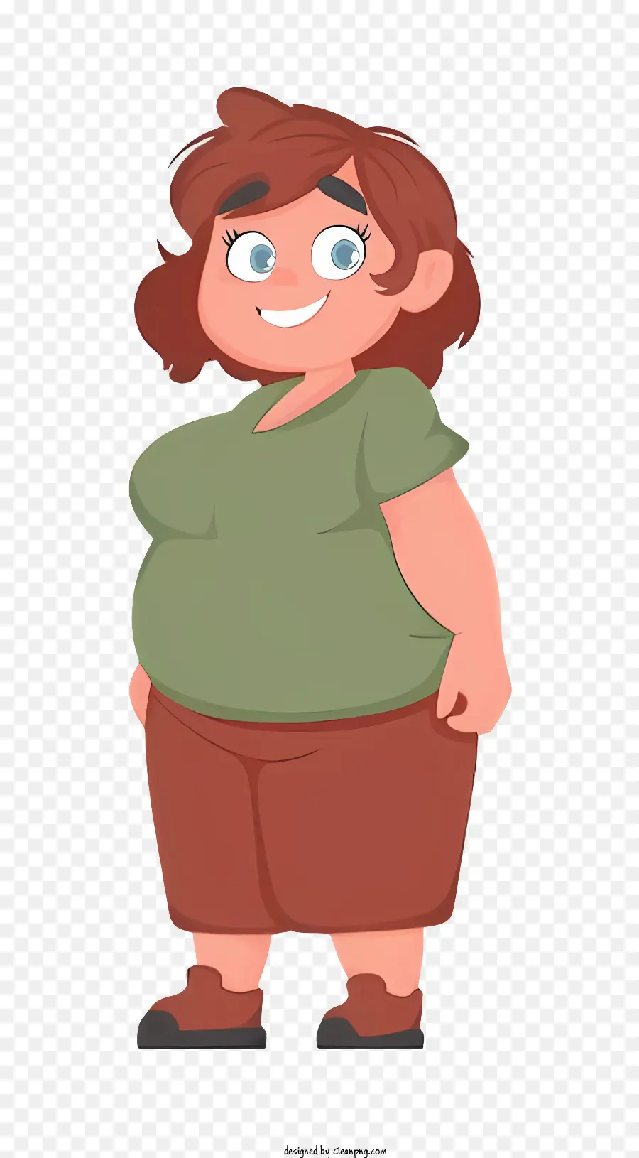fat body woman green shirt brown pants brown hair