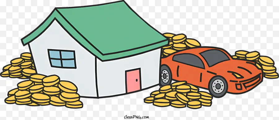 Icon Cartoon Bild kleines weißes Haus rotes Auto Goldmünzen - Cartoonbild des Weißen Hauses und des roten Autos mit goldenen Münzen
