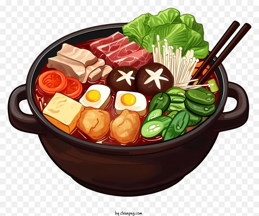 Chinesischer heißer Topf Emoji Topf mit Lebensmittel Zutaten Schüssel mit Reis Hühnchen - Bild: Schüssel mit Lebensmitteln mit geschnittenen Zutaten
