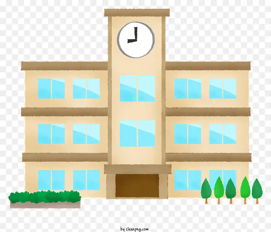 Edificio scolastico con architettura della facciata orologio Building a due piani di grandi finestre di grandi dimensioni - Edificio a due piani con orologio e piante all'esterno