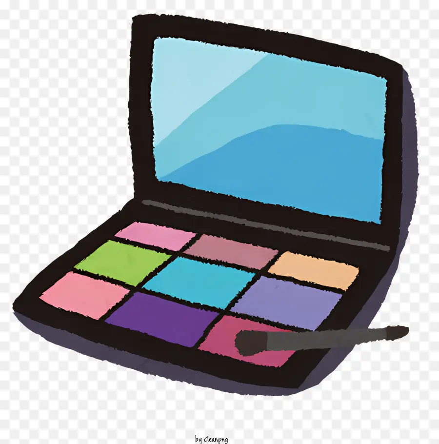 make up Pinsel - Laptop, Make -up -Pinsel und Palette auf schwarzem Hintergrund