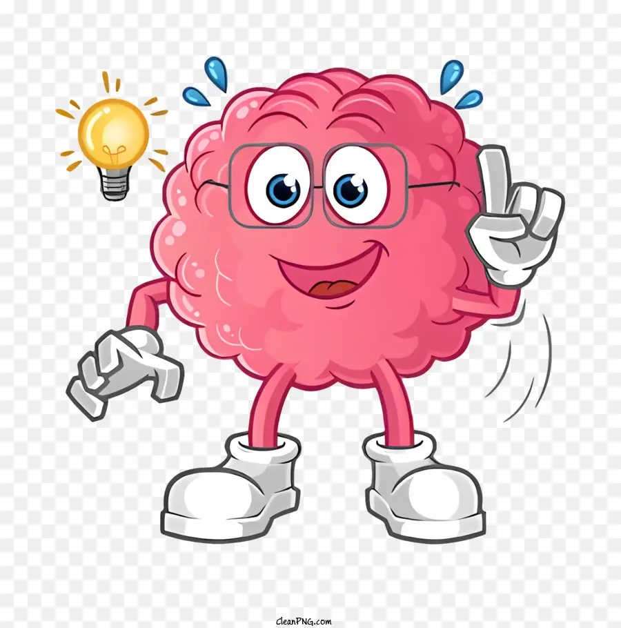Cartoon Brain - Cartoon-Charakter von Pink-Shirted mit Glühbirne, Brille, glücklich