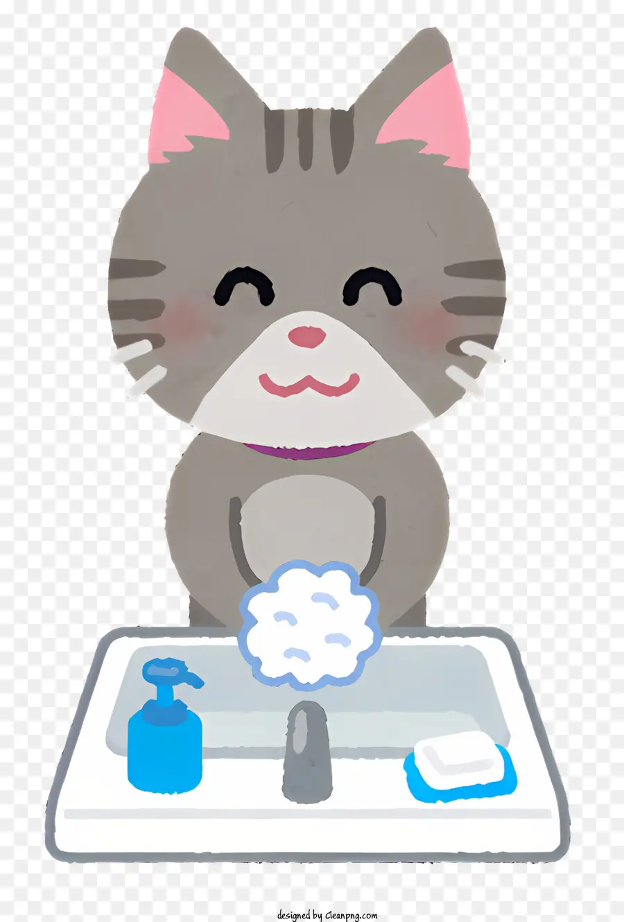 clipart carino gattino grigio bianco pelliccia blu occhi blu spazzolino - Simpatico gattino lava le zampe al lavandino felice