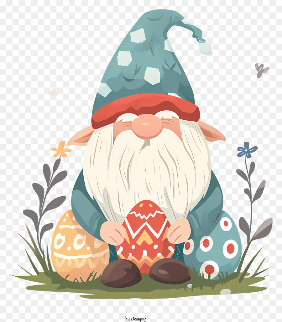Ei - Gnom sitzt mit einem Ei auf der Bank
- Blau und weiß gestreifte Hemd, grüne Hosen und blaue Mütze mit weißen Blumen tragen
- lange weiße Haare und Bart
- Grüne Wiese Hintergrund mit Blumen und Büschen
- Gelassener und glücklicher Ausdruck