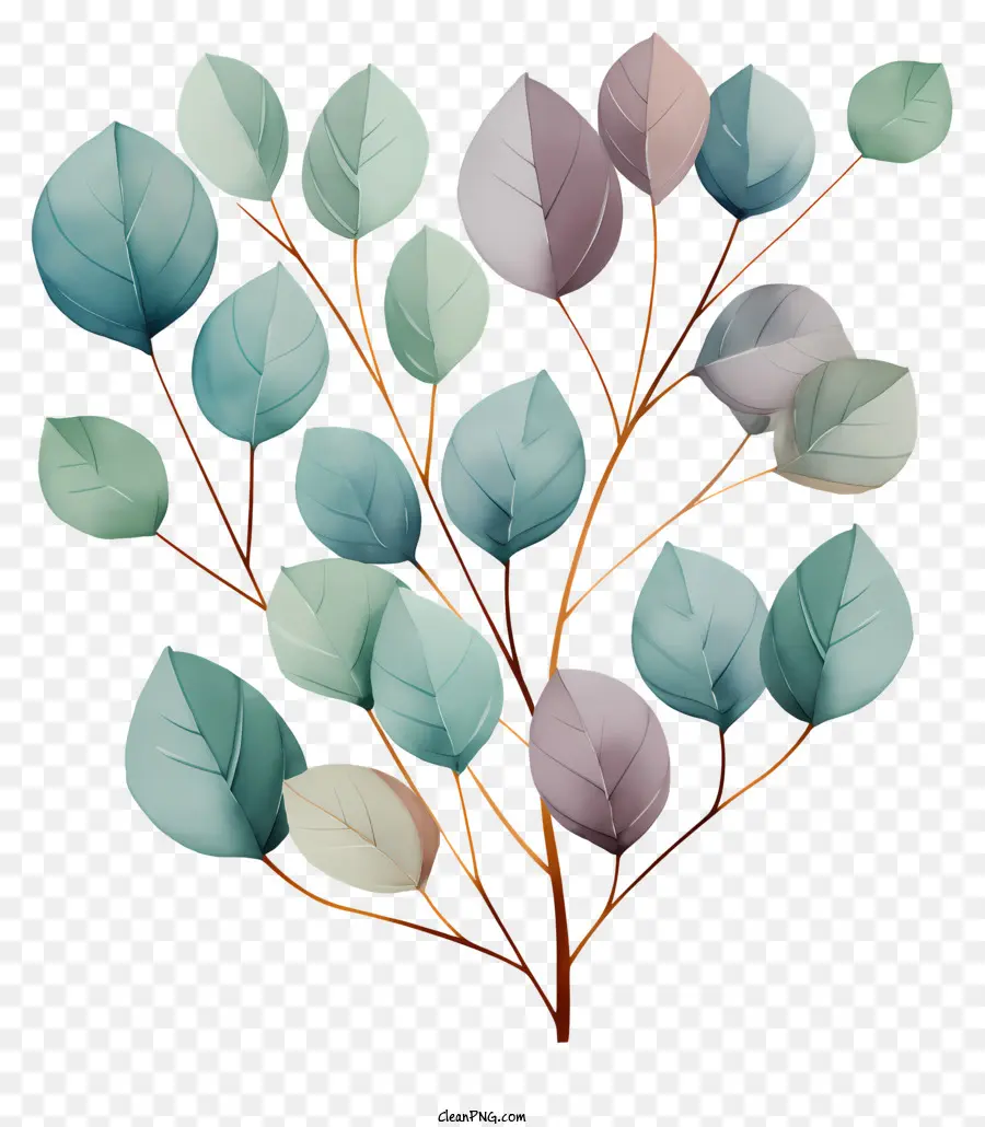 Pastellwasserfarbe Blätter Baumblätter Farben Blues - Buntes Kaskadenblattbaum auf schwarzem Hintergrund