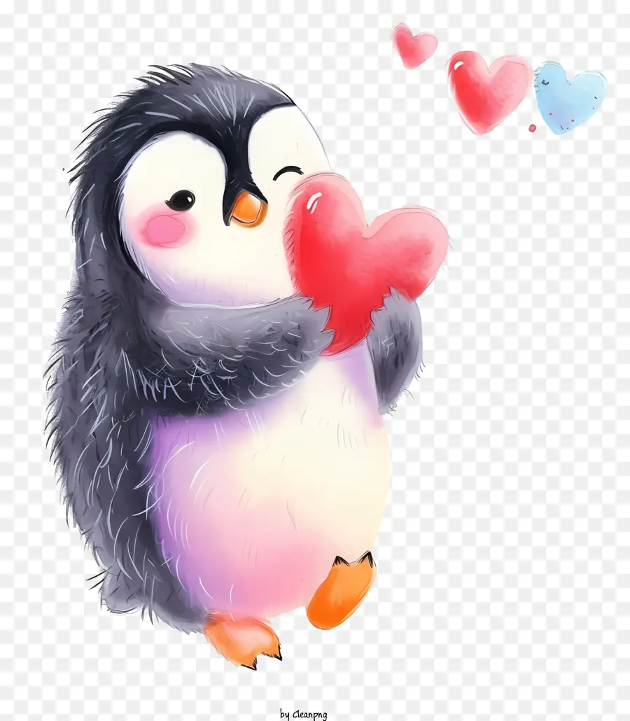Pastel Valentine Penguin Penguin Minh họa Penguin Water Water - Penguin giữ trái tim chống lại nền đen; 
vui tươi