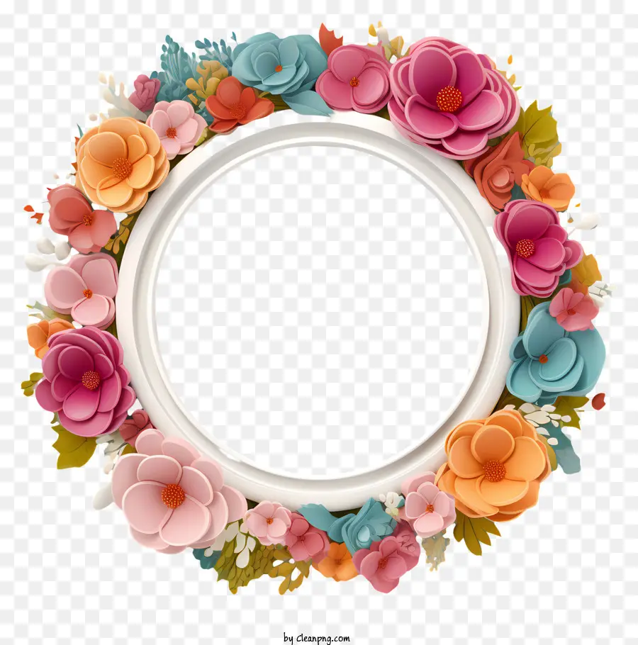 Runde Rahmen - Kreisförmiger Blumenrahmen mit farbenfrohen Blumen und Blättern