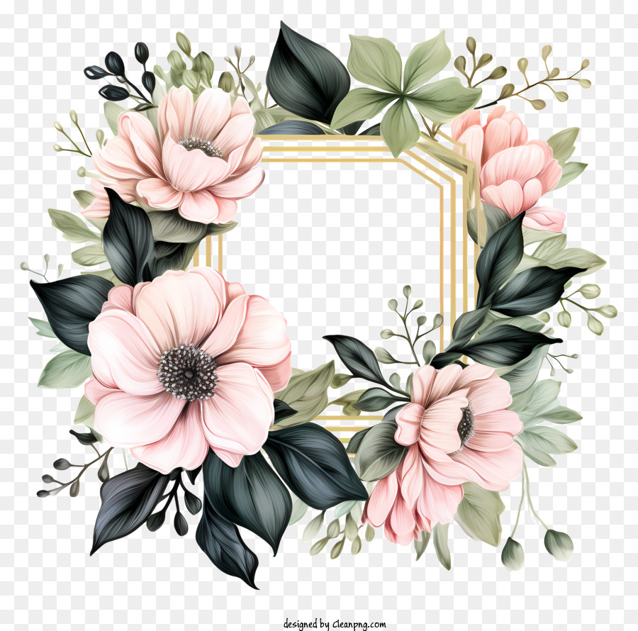 Sketch Style Wedding Flower Frame - Elegant black and white floral frame  with golden trim - CleanPNG / KissPNG