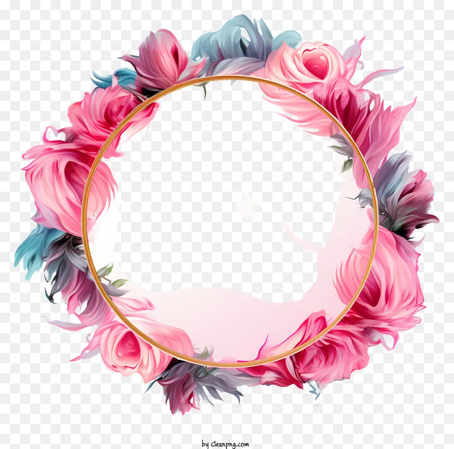 pastel round frame woman's silhouette pink flower wreath smiling woman blowing hair