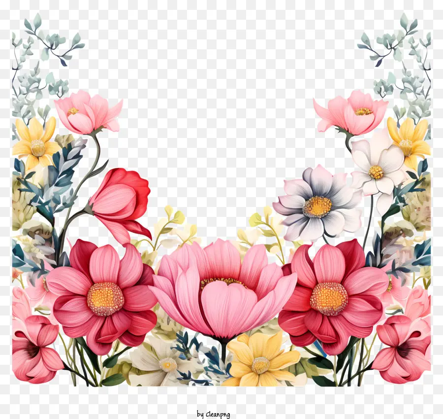 Aquarell Blume Grenze - Blumengrenze mit vielfältigem, fokussiertem Blumenarrangement