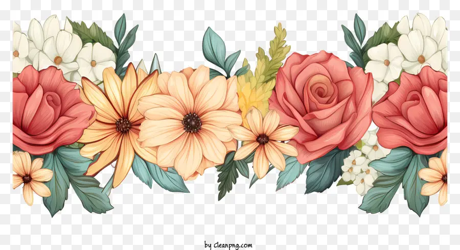 Blumenstrauß - Buntes, welliges Blumenstrauß mit realistischen handgezeichneten Blumen