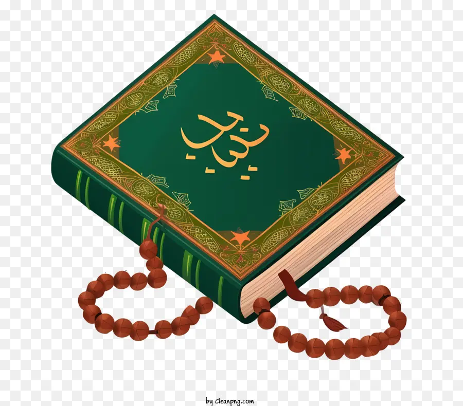 Illustrazione vettoriale piatta minimalizzata Libro sacro del Corano e prega perle del Corano Islam Sacra Scrittura - Corano verde con scritture d'oro e collana di perline