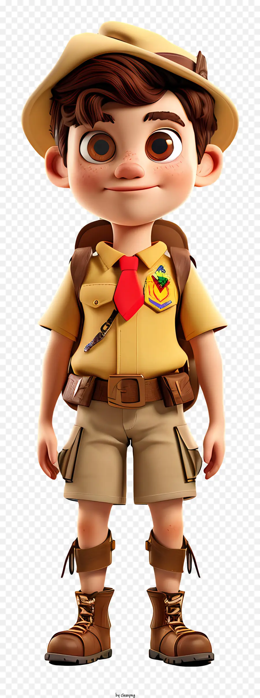 Boys Scout Boy Yellow Shorts Stivali marroni - Ragazzo sorridente con camicia gialla e cappello marrone