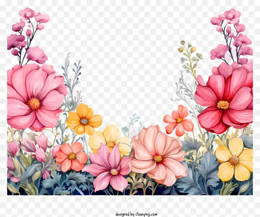 acquerello fiore confine - Cornice floreale simmetrica con fiori di colore brillante