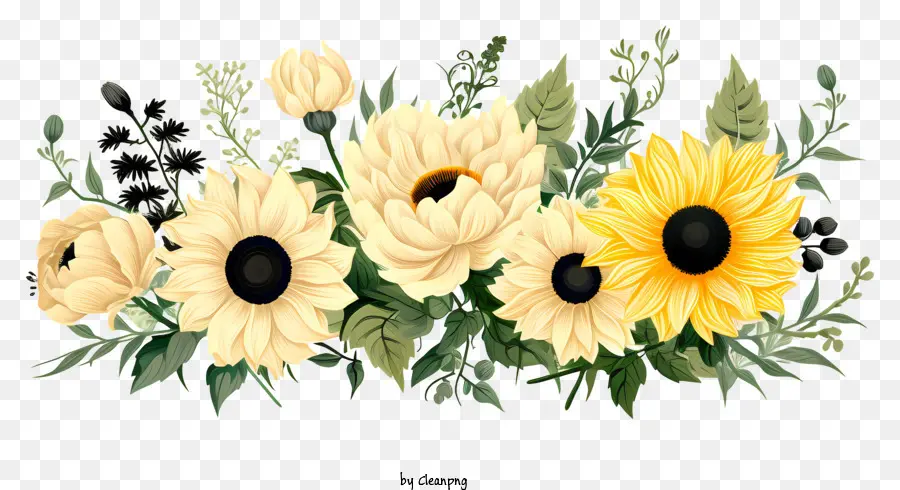 doodle style flower border sunflowers bouquet vase black background