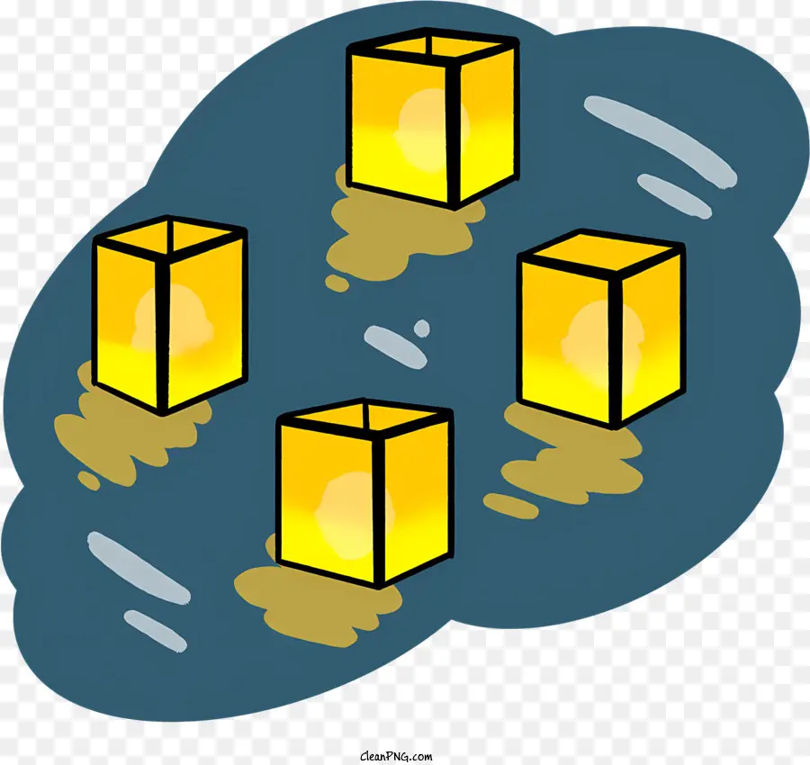 Icon Floating Boxen Goldfarbene Kisten beleuchtete Kisten Lichtquellen - Beleuchtete goldene Schwimmkästen in dunkler Umgebung