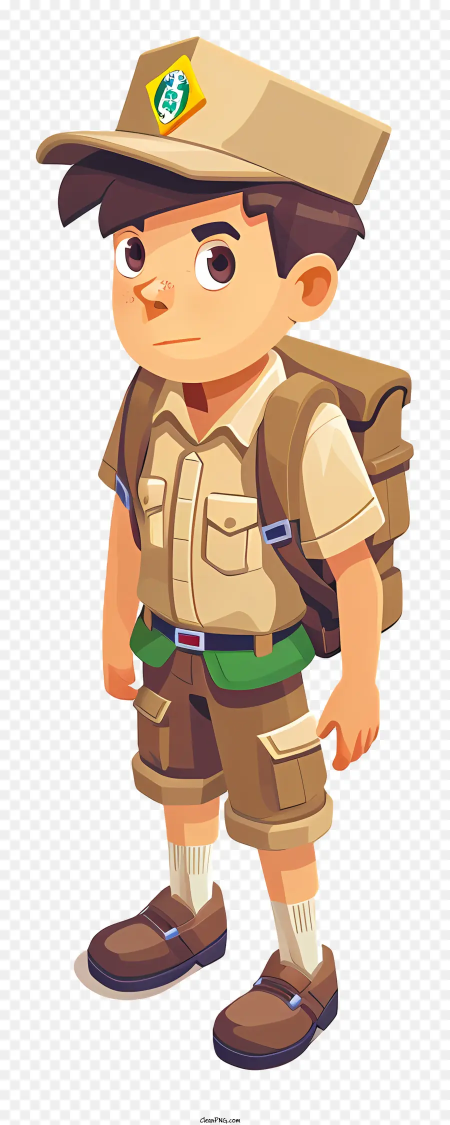 Carattere di cartoni animati per ragazzi scout marrone e verde zaino - Personaggio di cartoni animati serio con zaino in piedi in campo