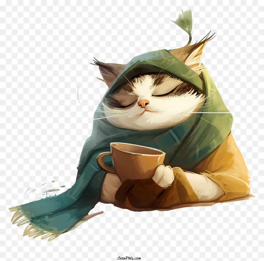 Comodo da giorno da cartone animato Kitten Cute Cat Sciarpa che indossa il tè caldo - Gattino accogliente con sciarpa e tè caldo