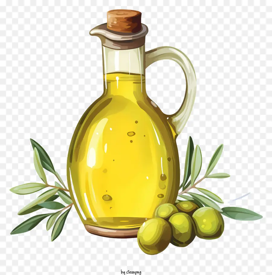 Olivenöl - Olivenölkrug, umgeben von Oliven und Blättern