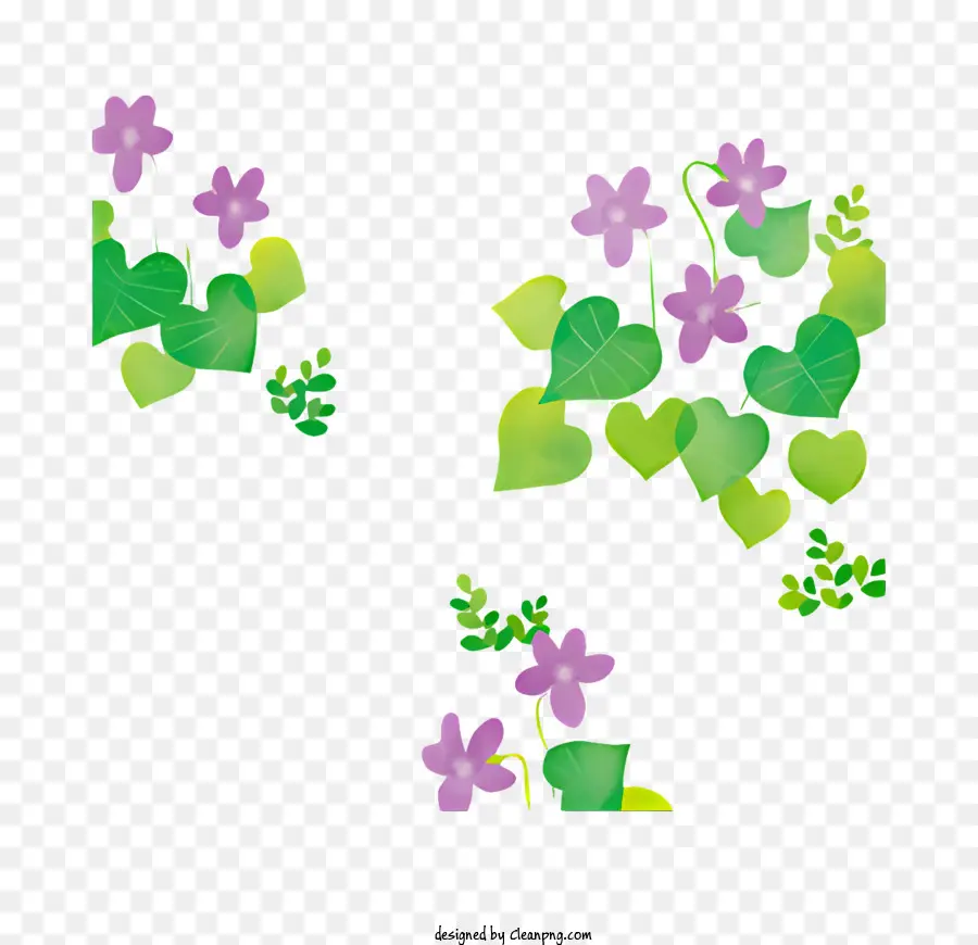 foglie verdi primaverili sfondo nero fiori viola piccoli fiori viola - Foglie verdi con fiori viola e rosa